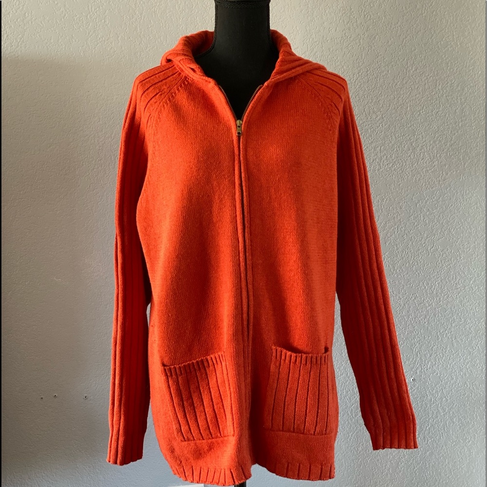 Women’s orange long sleeve hooded cardigan sweater